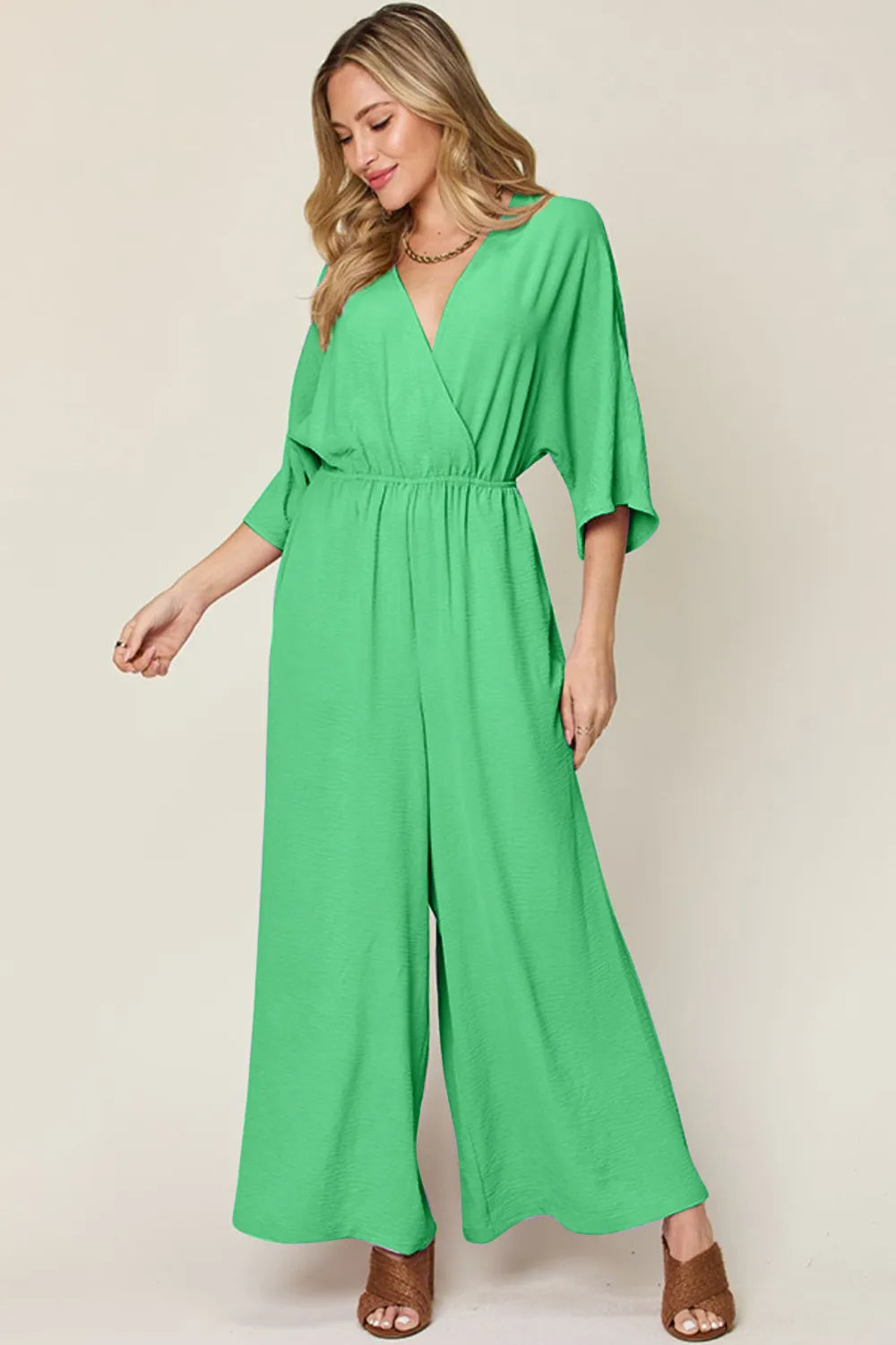 Double Take Full Size Surplice Wide Leg Jumpsuit with Pockets Mid Green / S