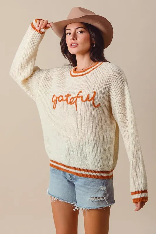 SO ME Thanksgiving Grateful Lettering Stitch Sweater