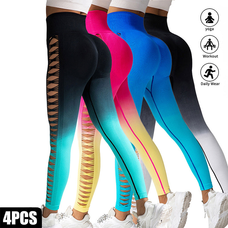 4 Pack Cut Out Ombre Gradient Color Hollow High waist Butt lifting Fitness Women’s Yoga Pants Waist Cutout Ripped Super