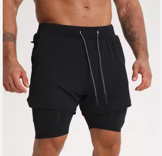 Gym Clothing Men Quick Dry 2 In 1 Shorts Polyester Spandex Breathable Liner Running Fitness Black / 2XL