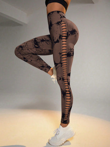 Cut Out Side Hollow Tie Dyed Yoga Pants High Waist And Hip Lifting Fitness With Seamless Sports Tights Workout Gym