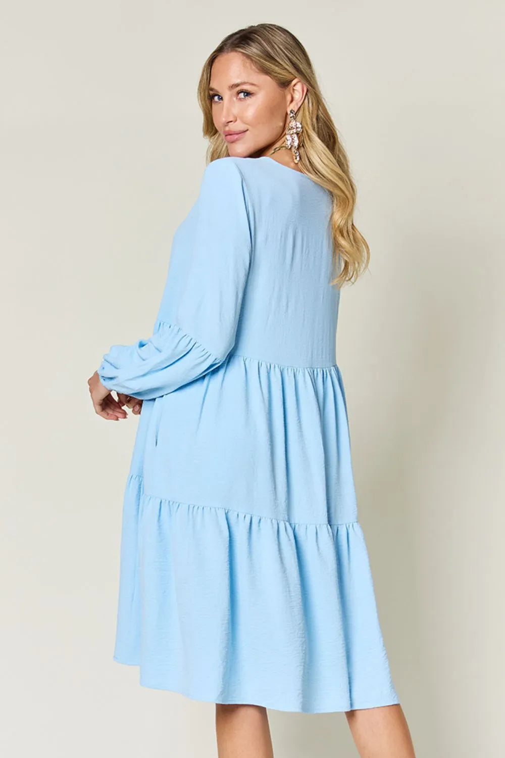 Double Take Full Size V Neck Balloon Sleeve Tiered Dress with Pockets