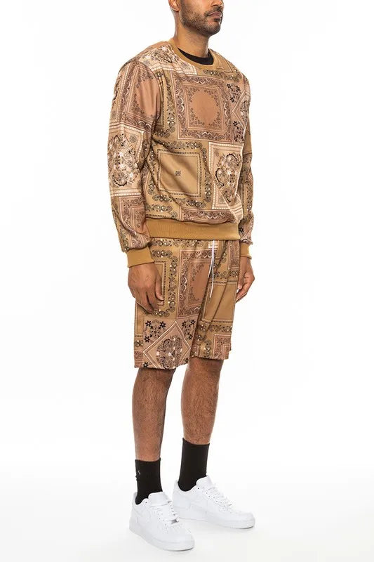 WEIV Men’s Full Size Paisley Bandana Print Sweatshirt and Shorts Set Plus