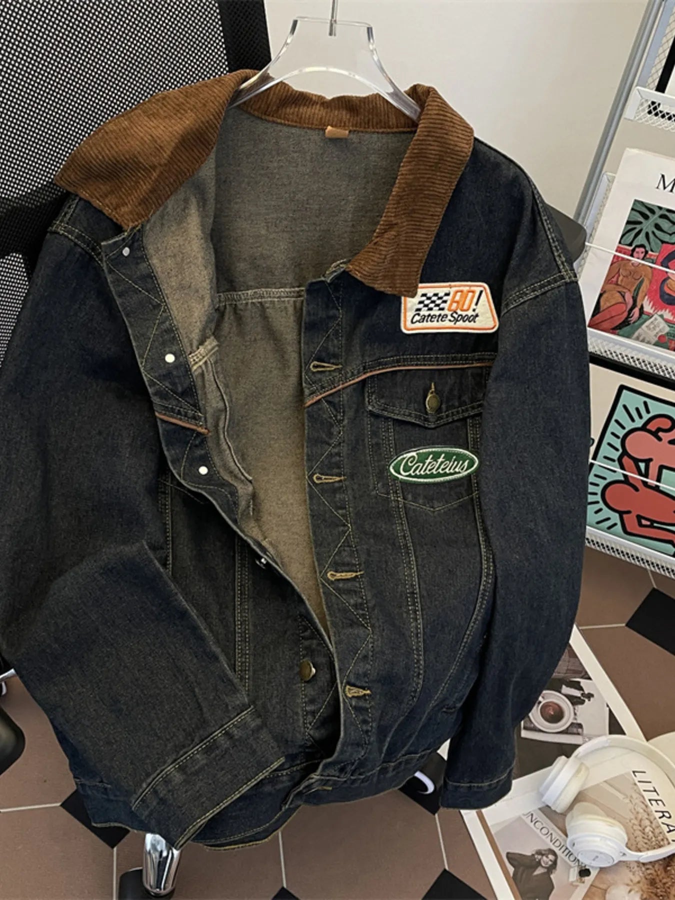 Men’s Plus Size Corduroy Collar Button Up Denim Jacket