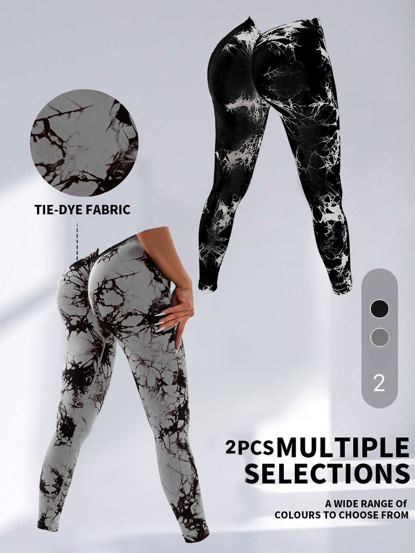 2 Pack Tie Dye High Waist V Back Yoga Leggings Peach Hip Enhancing Athleisure Tights Sport Style Fitness Pants 2PACK2