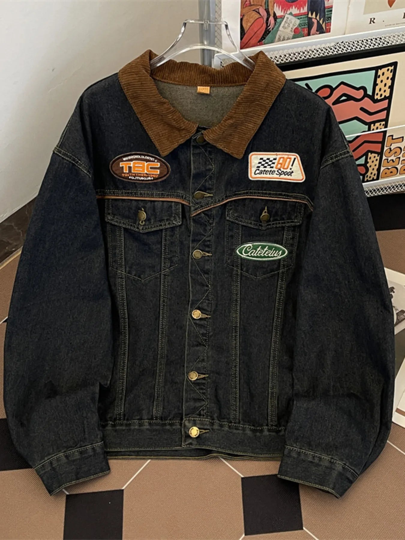 Men’s Plus Size Corduroy Collar Button Up Denim Jacket Blue / M