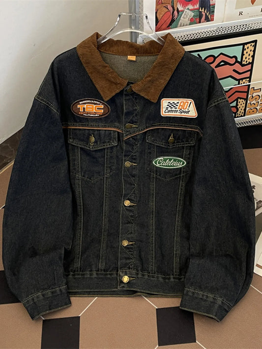 Men's Plus Size Corduroy Collar Button Up Denim Jacket