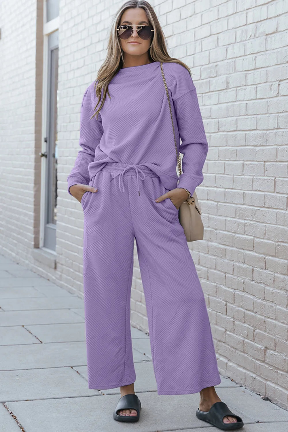 Double Take Full Size Textured Long Sleeve Top and Drawstring Pants Set Lavender / S