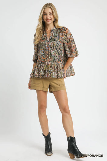 Umgee Paisley Print Peplum Blouse