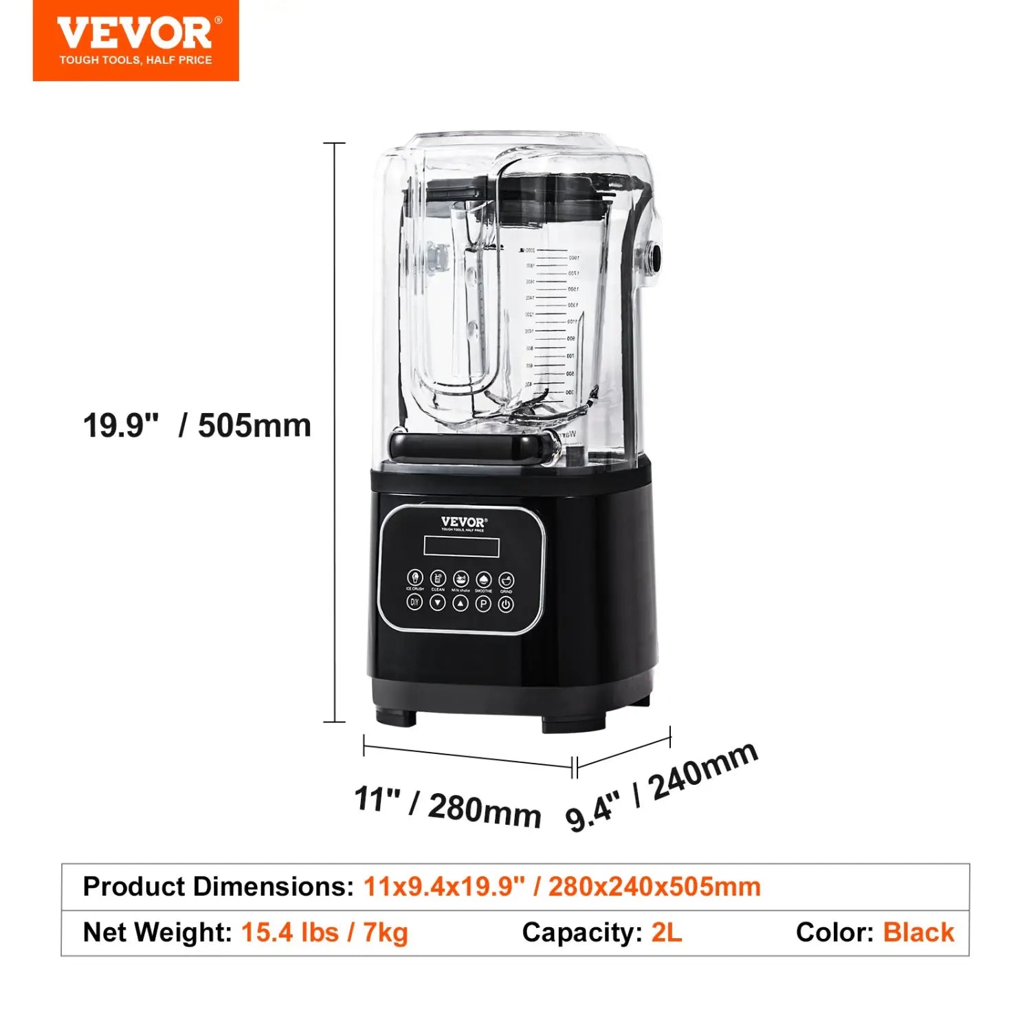 VEVOR Professional Blender With Shield Commercial Countertop Blenders 68 Oz Combo Stainless Steel 9 Speed & 5 Functions