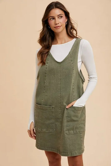 Annie Wear V Neck Adjustable Strap Denim Overall Dress with Pockets Army Green / S