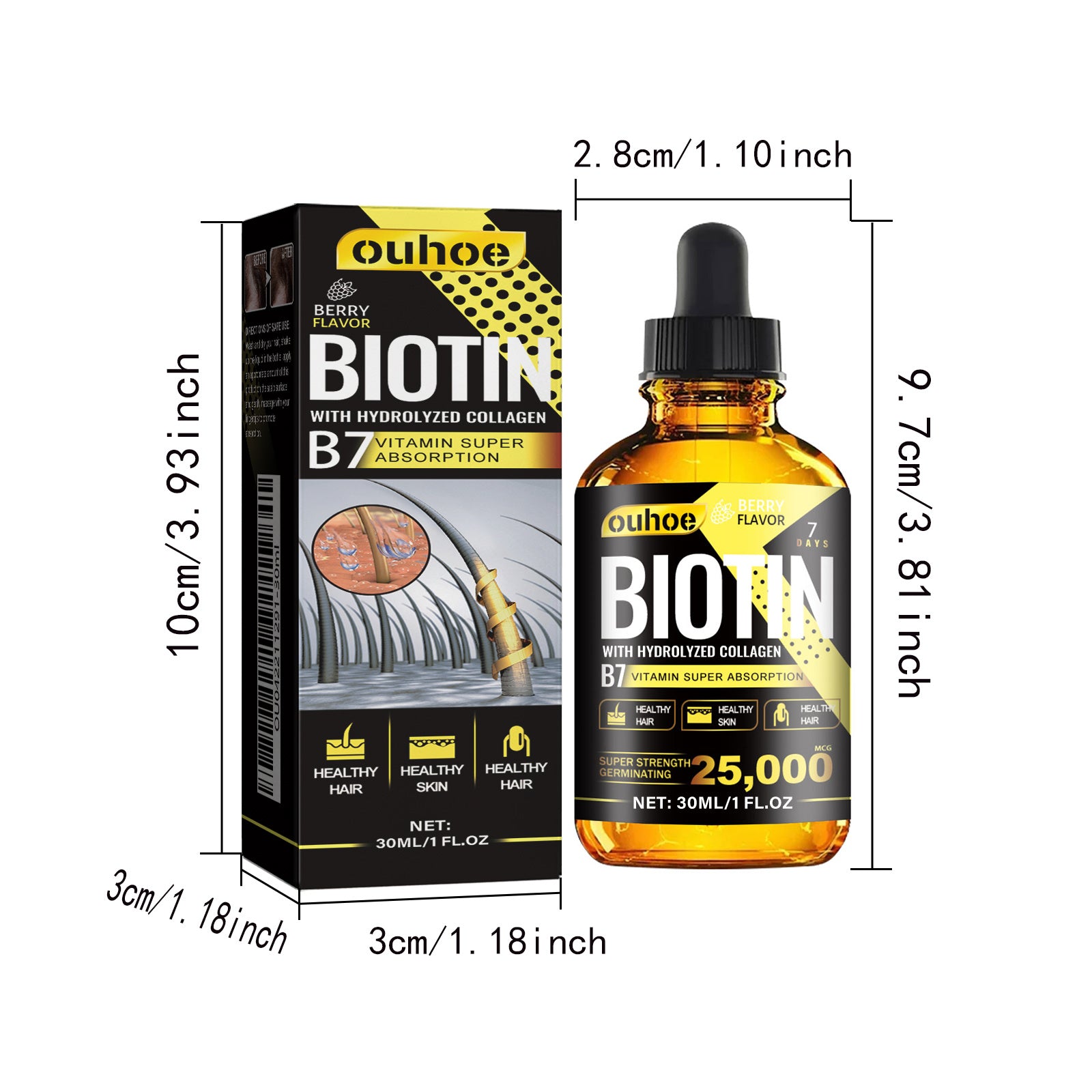 RESEARCH Liquid Biotin & Collagen Hair Growth Drops And Supplement For Men Women Glowing Skin Support Healthy Nail Black