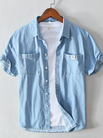 Men’s Plus Size Button Up Short Sleeve Denim Shirt