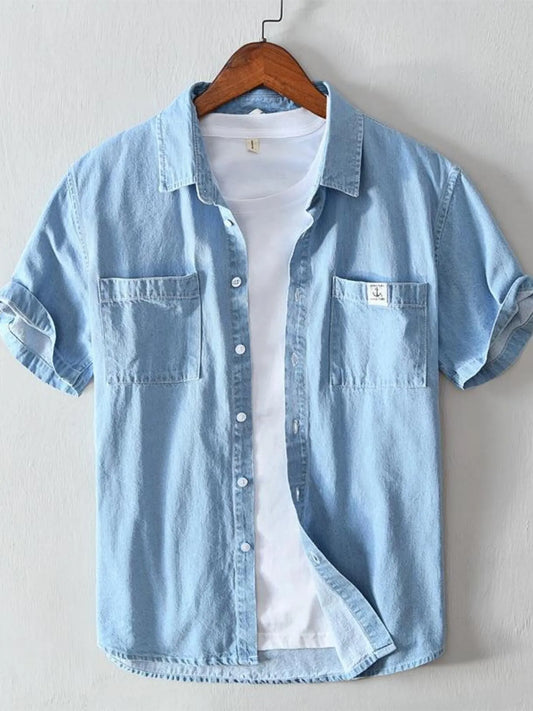 Men's Plus Size Button Up Short Sleeve Denim Shirt