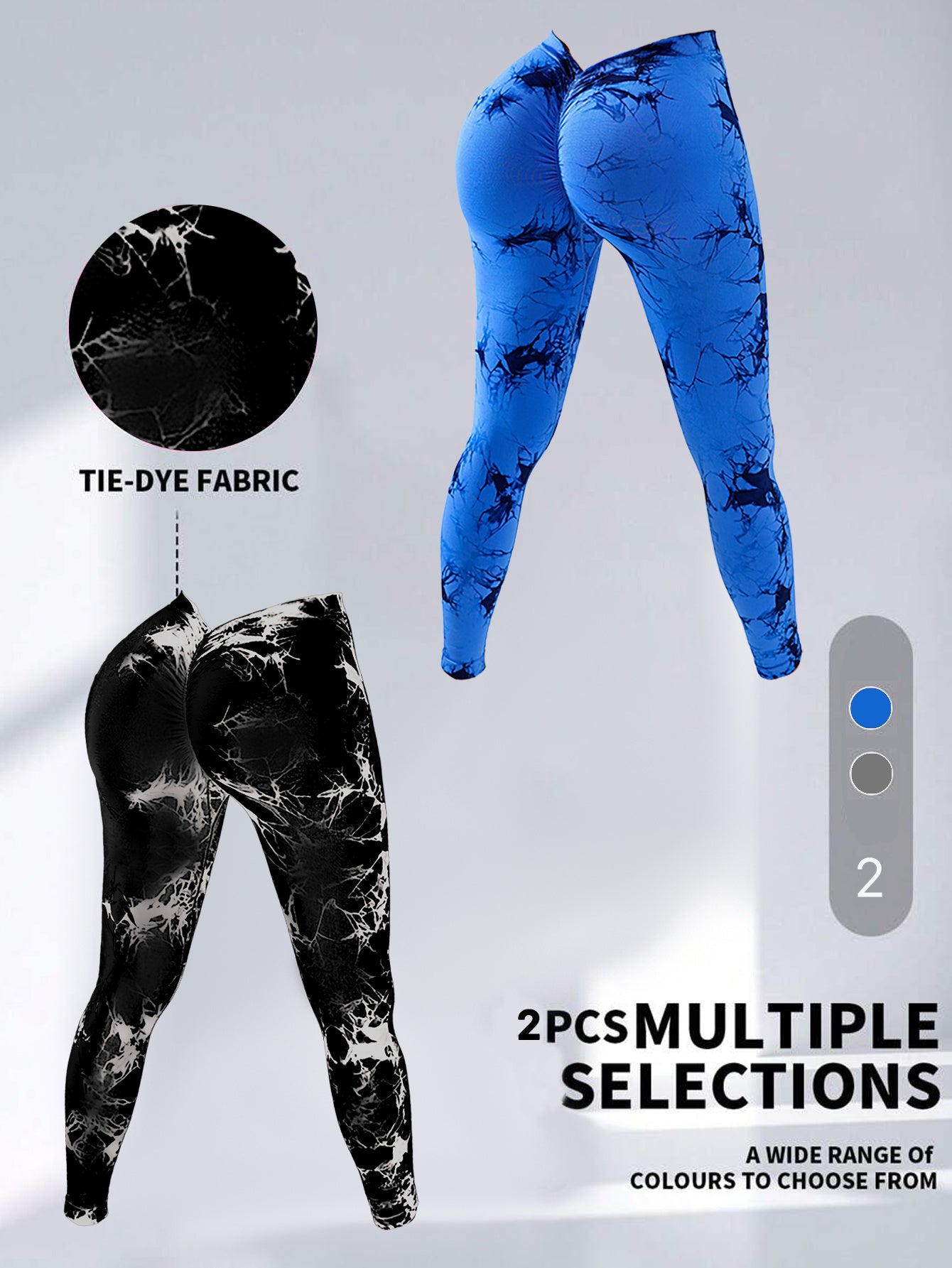 2 Pack Tie Dye High Waist V Back Yoga Leggings Peach Hip Enhancing Athleisure Tights Sport Style Fitness Pants 2PACK5