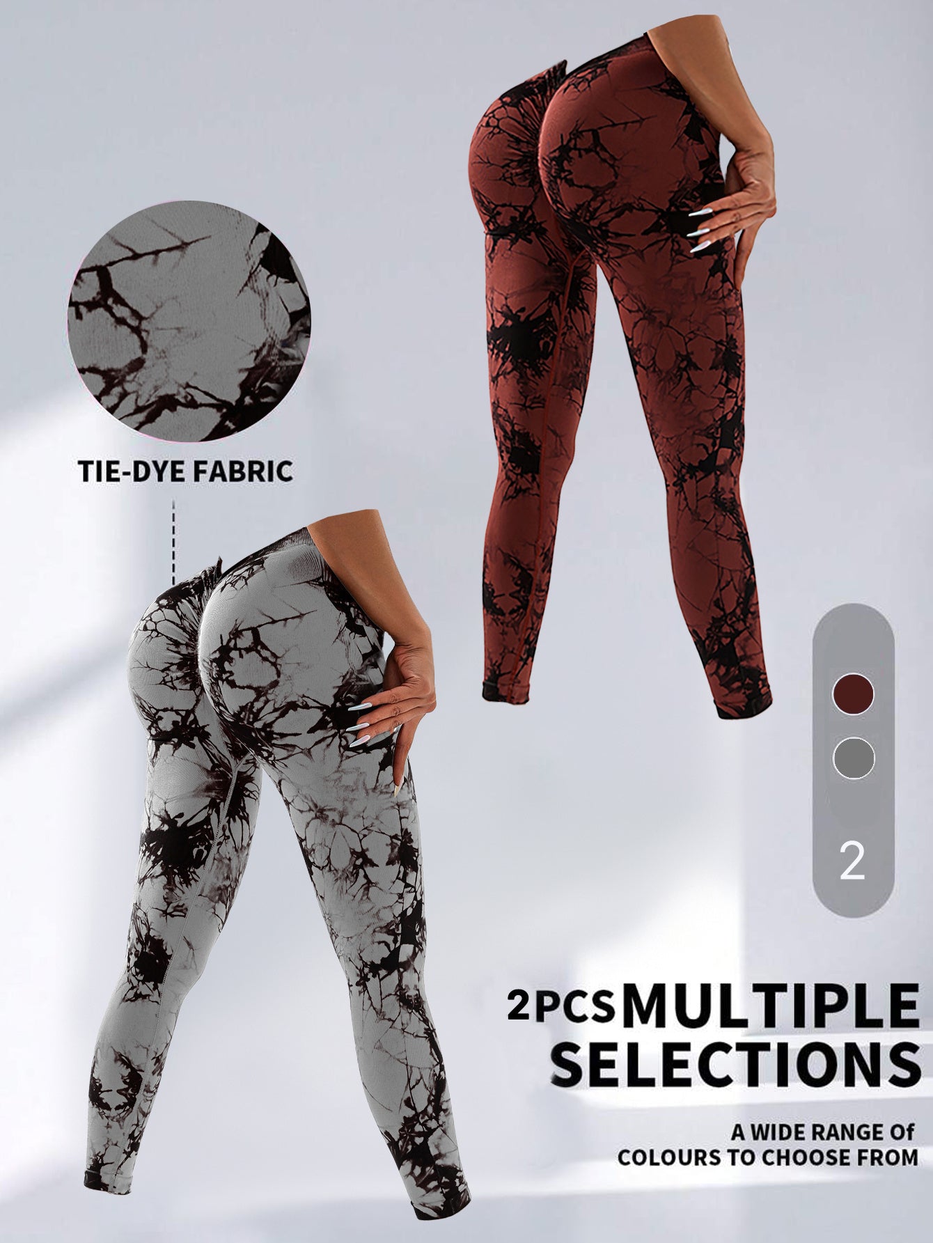 2 Pack Tie Dye High Waist V Back Yoga Leggings Peach Hip Enhancing Athleisure Tights Sport Style Fitness Pants 2PACK3