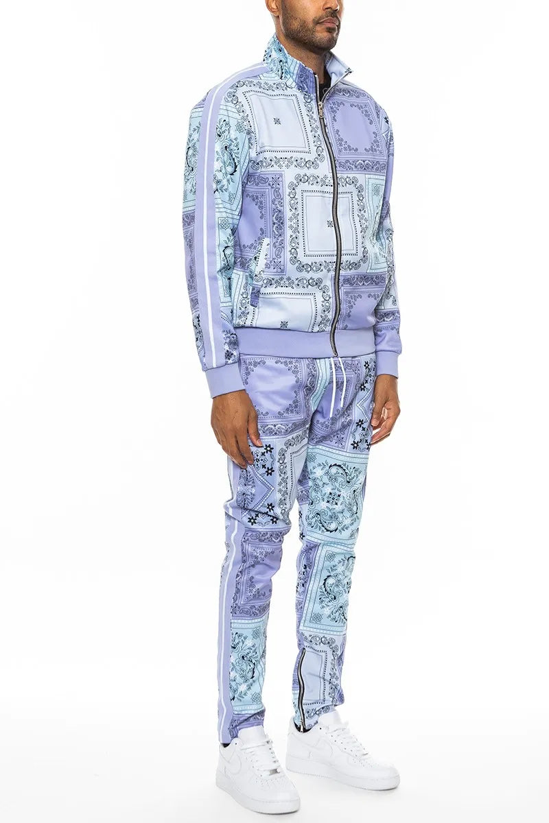 WEIV Men’s Full Size Paisley Bandana Jacket and Pants Set Plus LAVENDAR / S