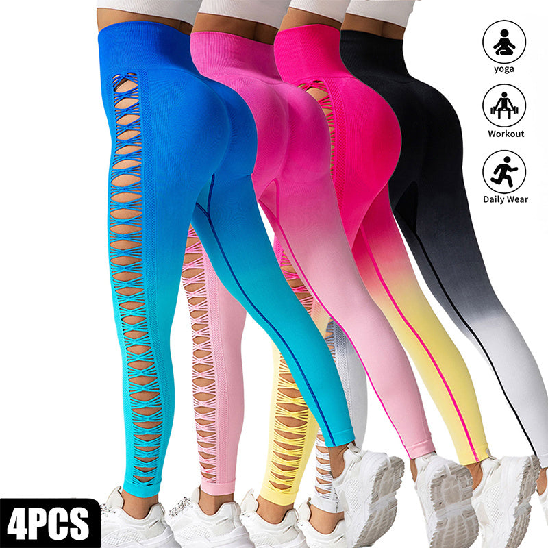 4 Pack Cut Out Ombre Gradient Color Hollow High waist Butt lifting Fitness Women’s Yoga Pants Waist Cutout Ripped Super