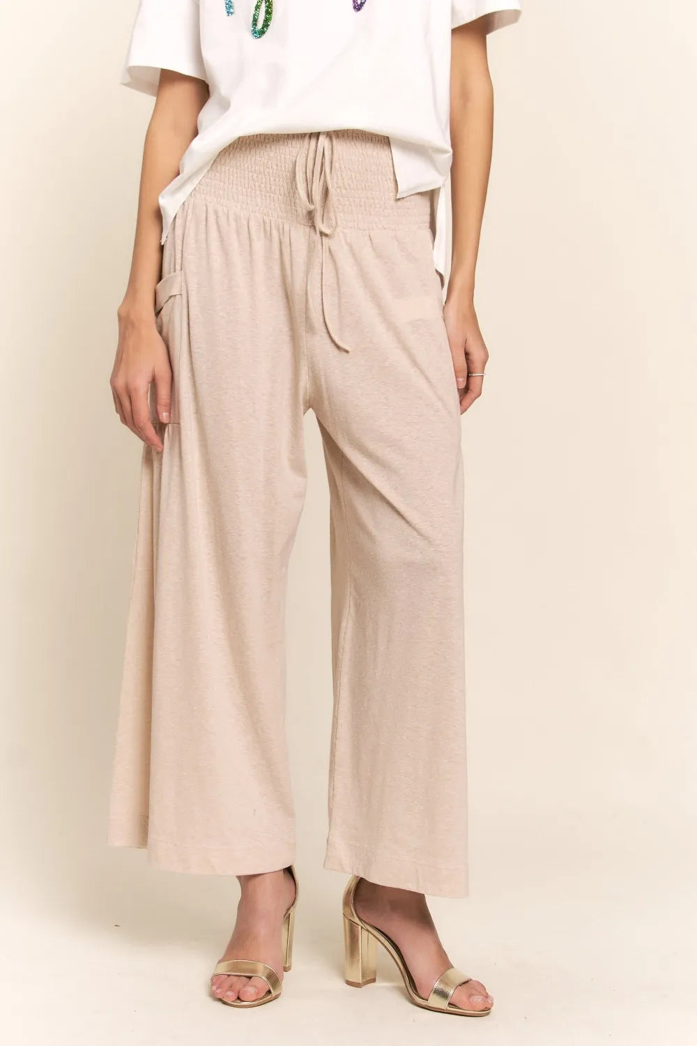 J.NNA Smocked Waist Boho Wide Leg Pants with Pockets Light Beige / S