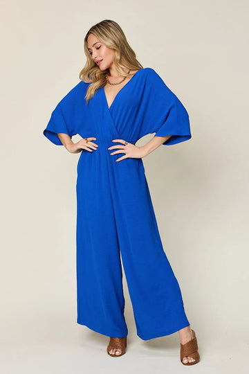 Double Take Full Size Surplice Wide Leg Jumpsuit with Pockets Royal Blue / S