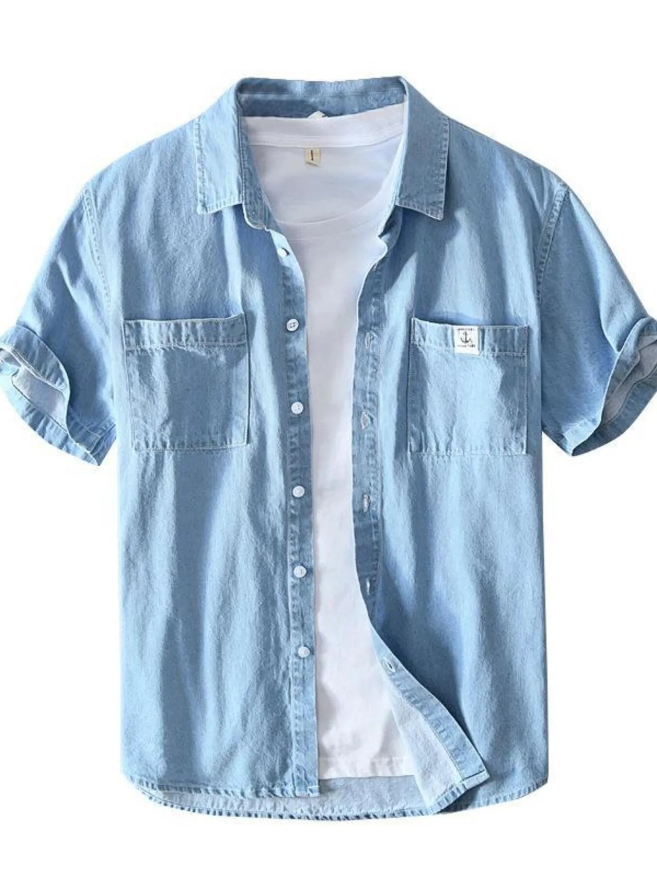 Men’s Plus Size Button Up Short Sleeve Denim Shirt Light Blue / M