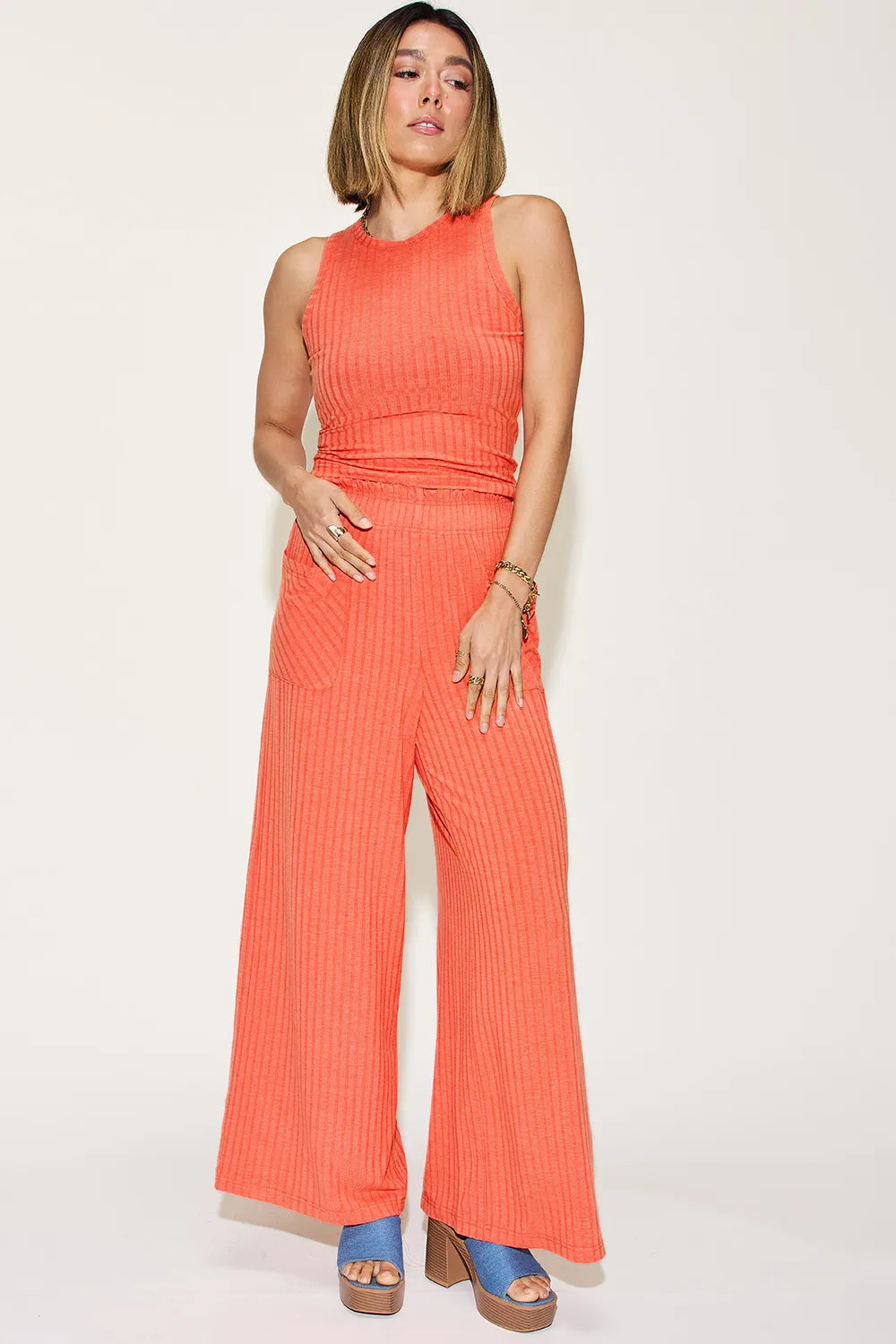 Basic Bae Full Size Ribbed Tank and Wide Leg Pants Set Orange / S