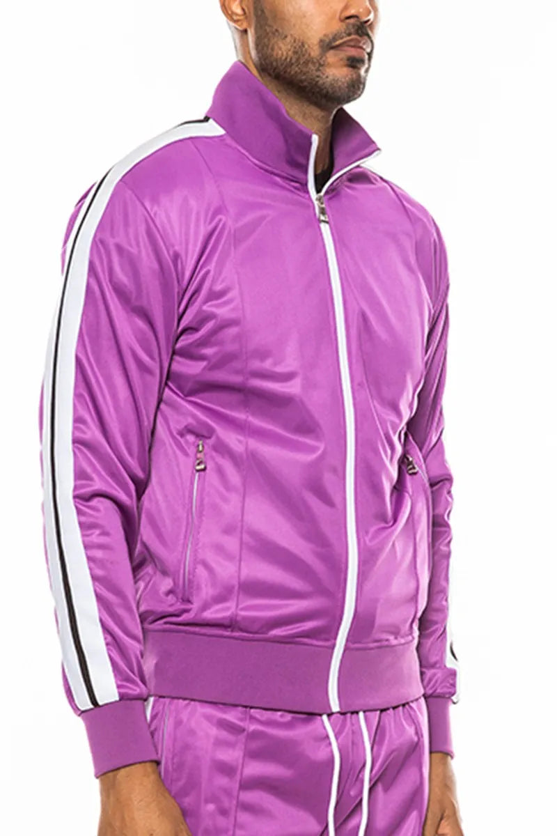 WEIV Men’s Full Size Single Stripe Tape Zip Up Jacket Plus PURPLE / S