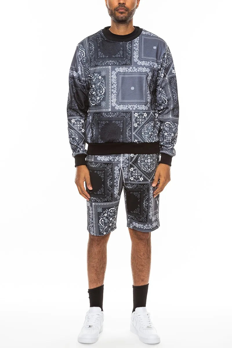 WEIV Men’s Full Size Paisley Bandana Print Sweatshirt and Shorts Set Plus BLACK / S
