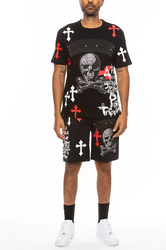 WEIV Men's Full Size Cotton Print Chrome Cross Shirt and Short Set Plus Size