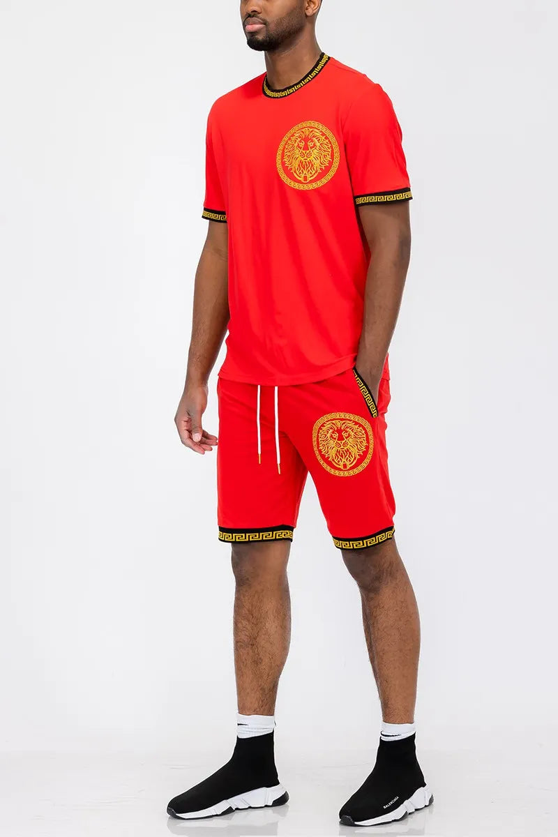 WEIV Men’s Full Size Lion Head Embroidery T shirt And Short Set Plus