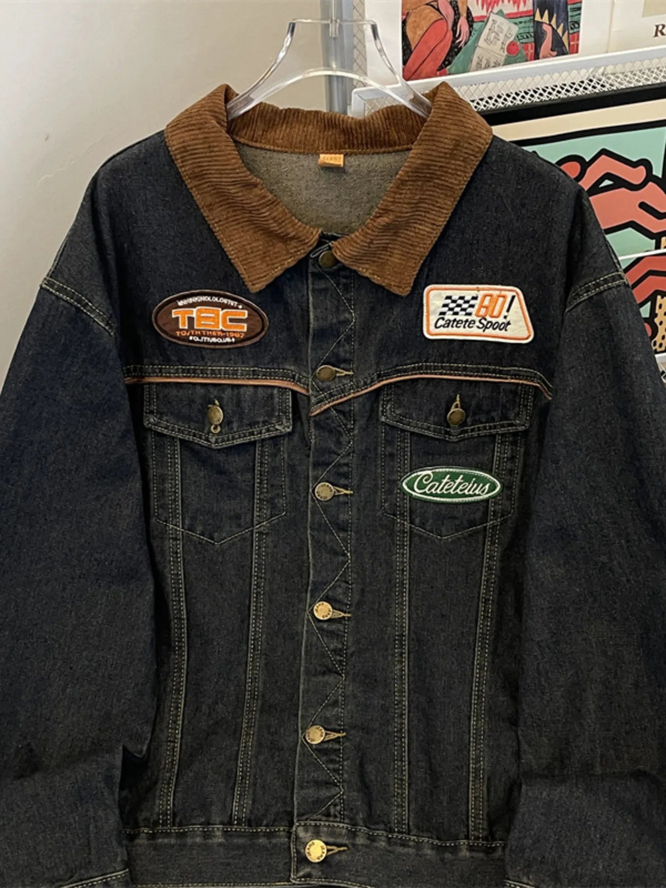 Men’s Plus Size Corduroy Collar Button Up Denim Jacket