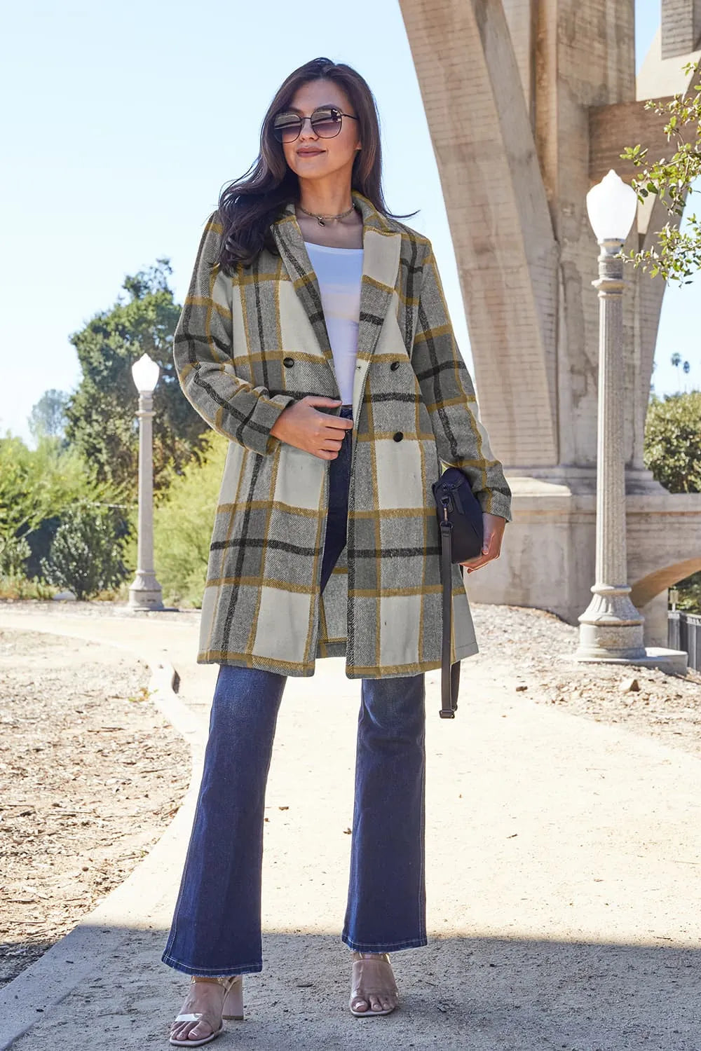 Double Take Full Size Plaid Button Up Lapel Collar Coat London / S