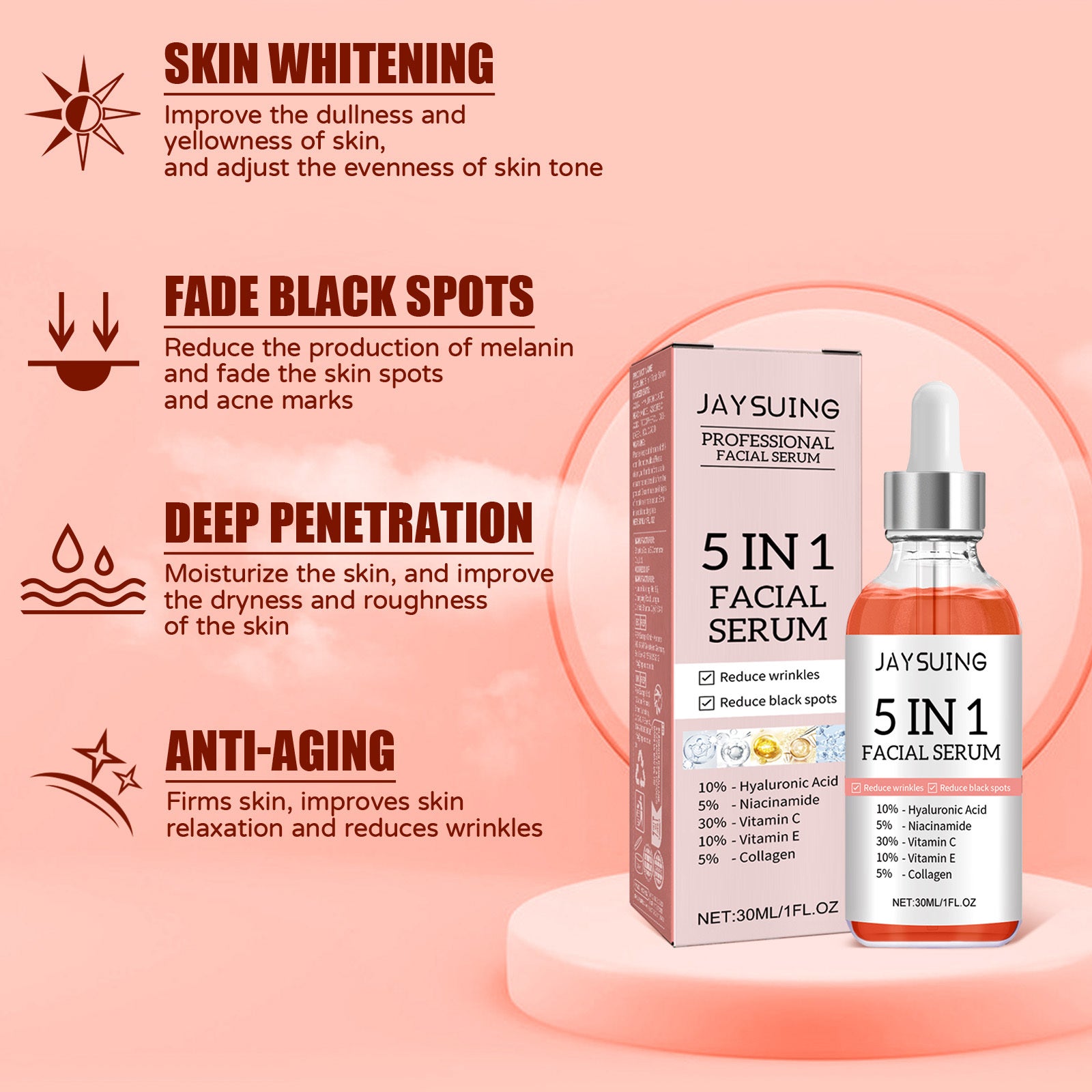 5 In 1 Facial Serum,30 Vitamin C Face Serum,Anti Aging Reduces Wrinkles Hydrating Collagen Serum