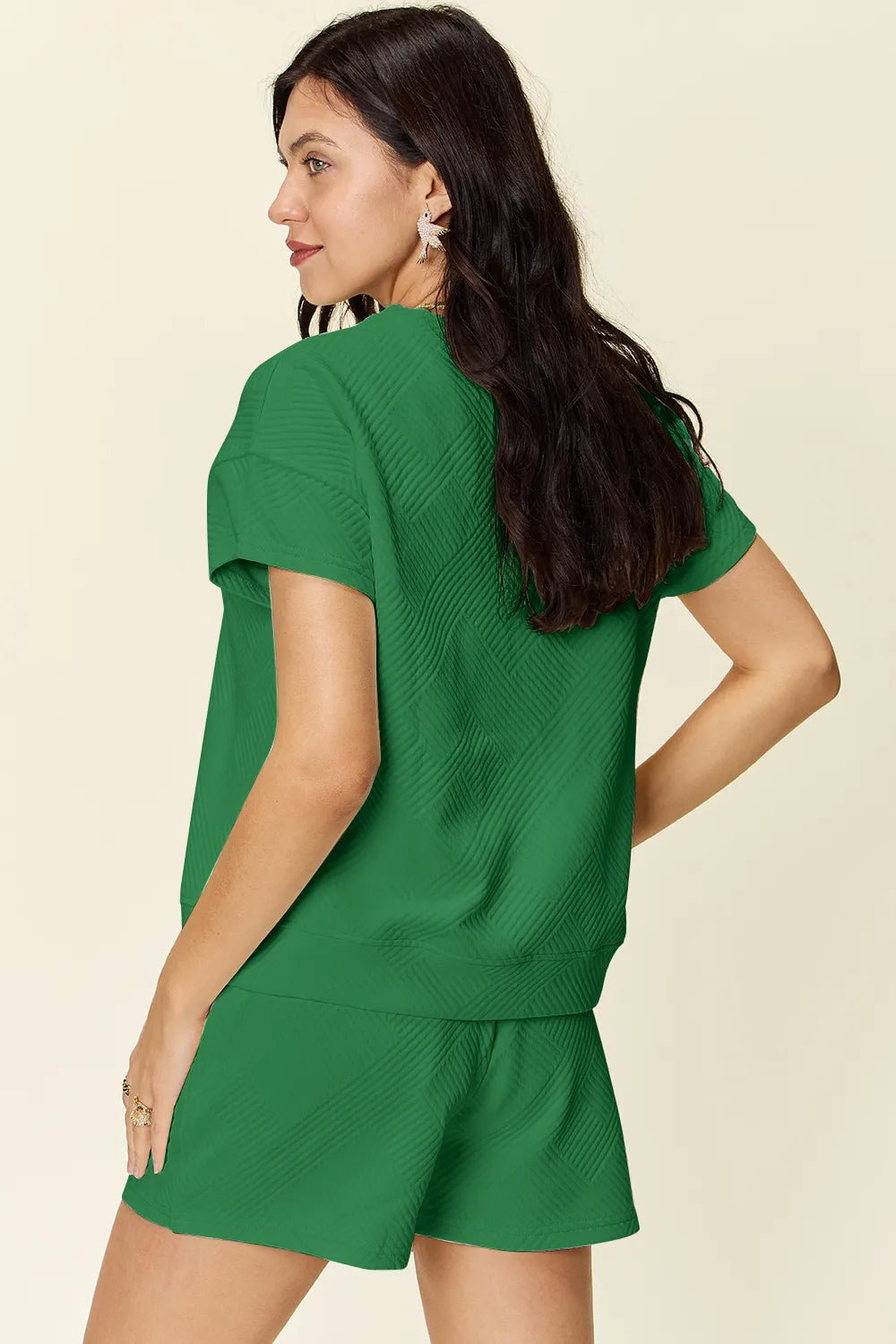 Double Take Full Size Texture Short Sleeve T Shirt and Drawstring Shorts Set