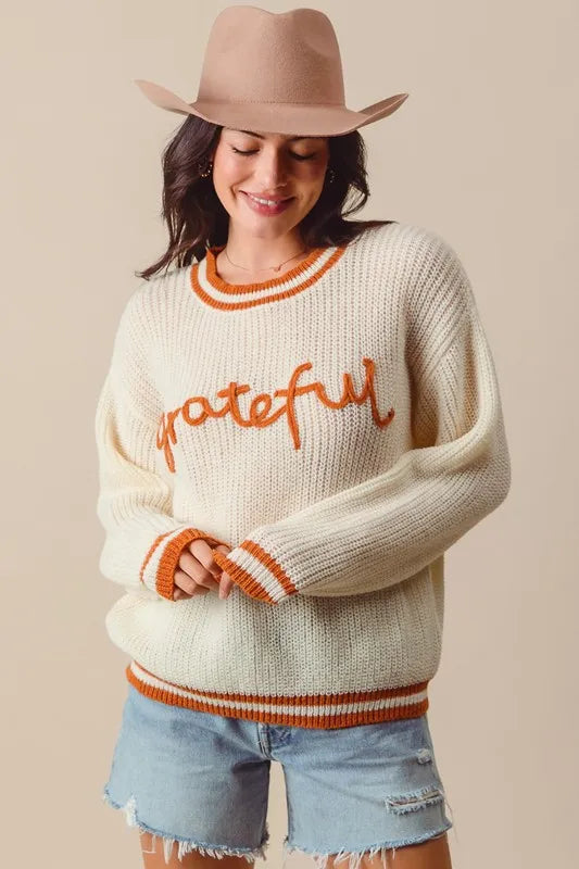 SO ME Thanksgiving Grateful Lettering Stitch Sweater