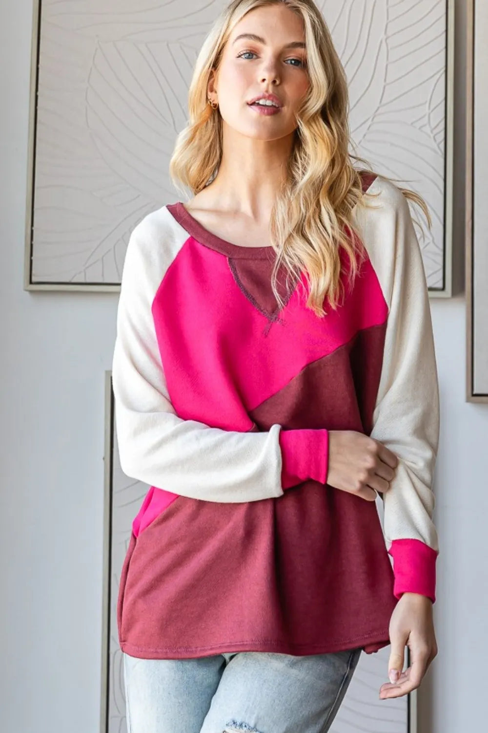 HOPELY Color Block Long Sleeve T Shirt