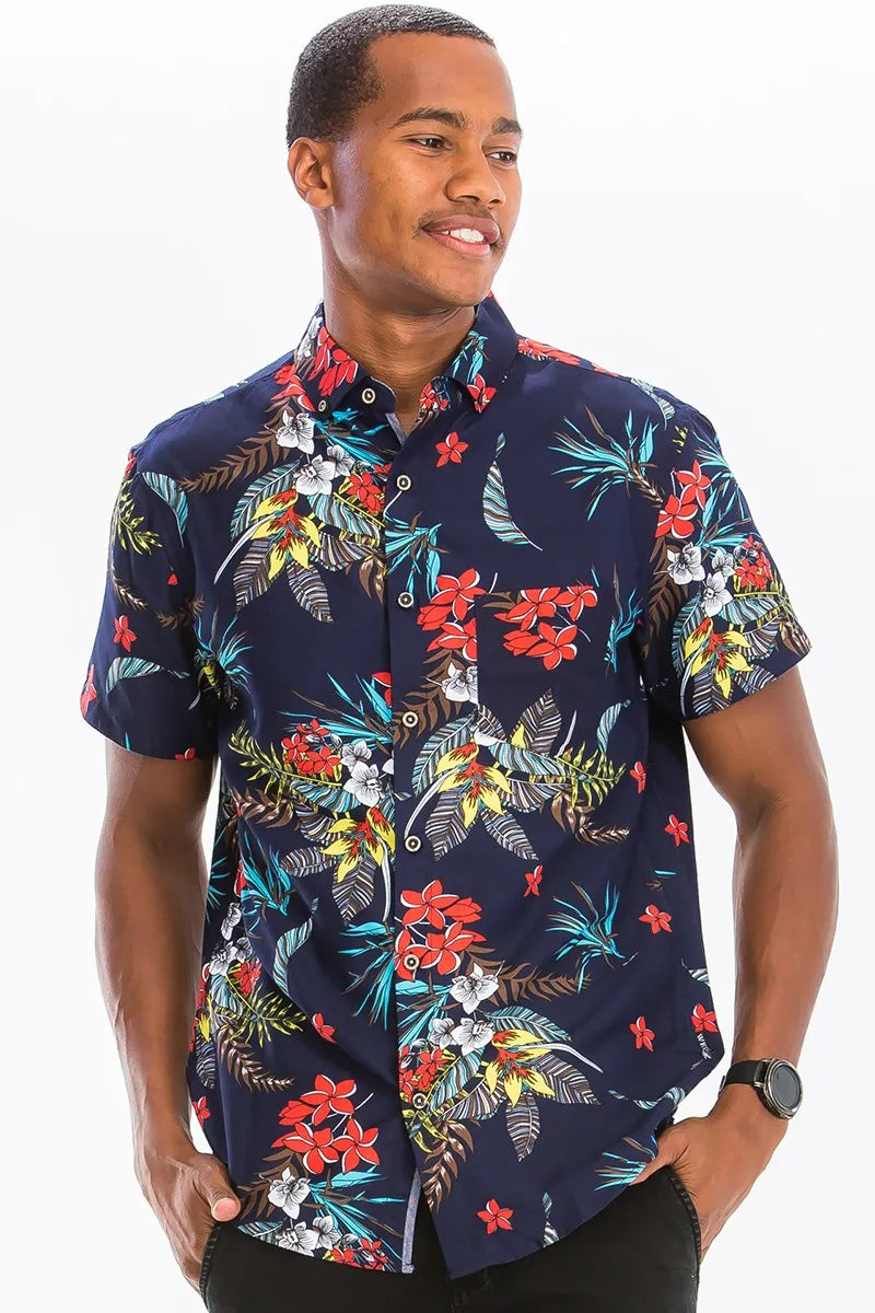WEIV Men’s Full Size Hawaiian Print Button Down Shirt Plus MULTI / S