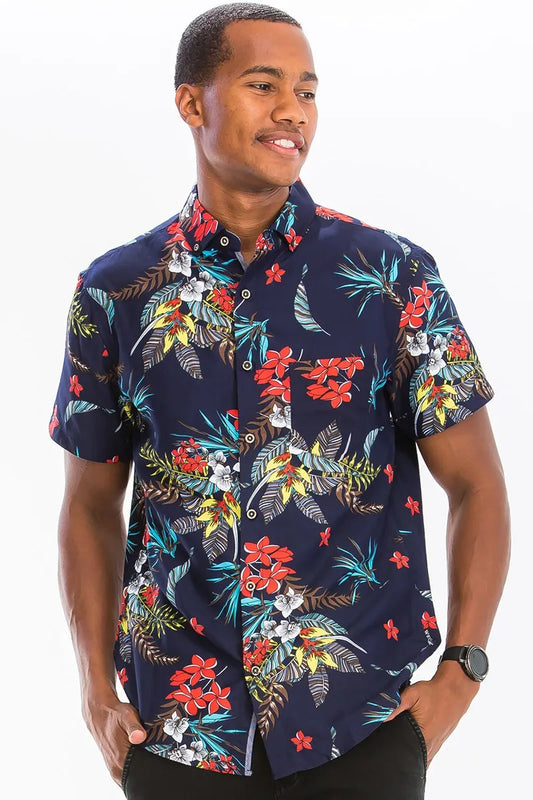 WEIV Men's Full Size Hawaiian Print Button Down Shirt Plus Size