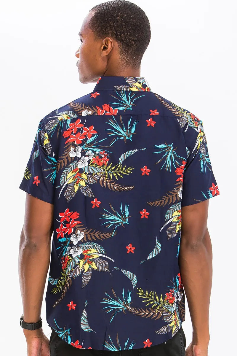WEIV Men’s Full Size Hawaiian Print Button Down Shirt Plus