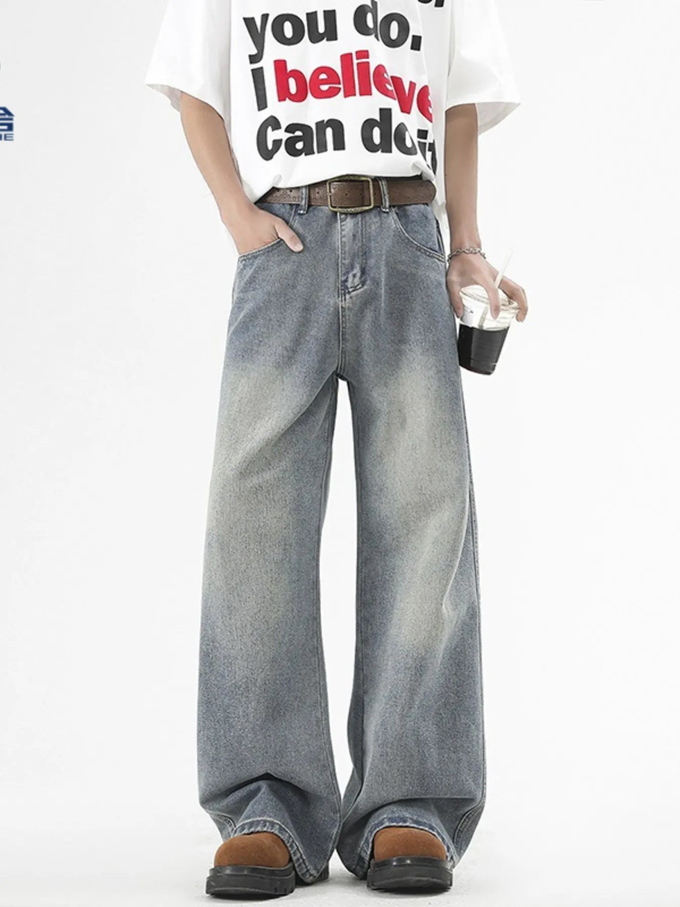 Men’s Plus Size Washed Wide Leg Jeans Blue / M
