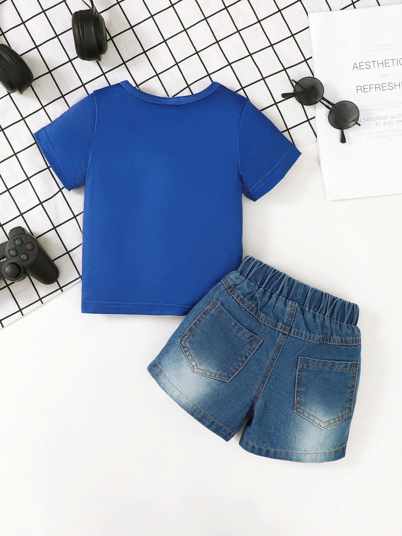 Children’s Letter Round Neck Top and Denim Shorts Set