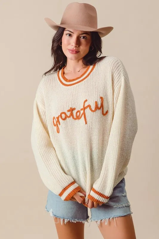 SO ME Thanksgiving Grateful Lettering Stitch Sweater