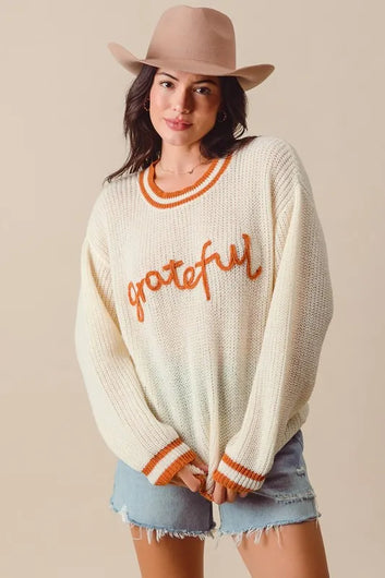 SO ME Thanksgiving Grateful Lettering Stitch Sweater