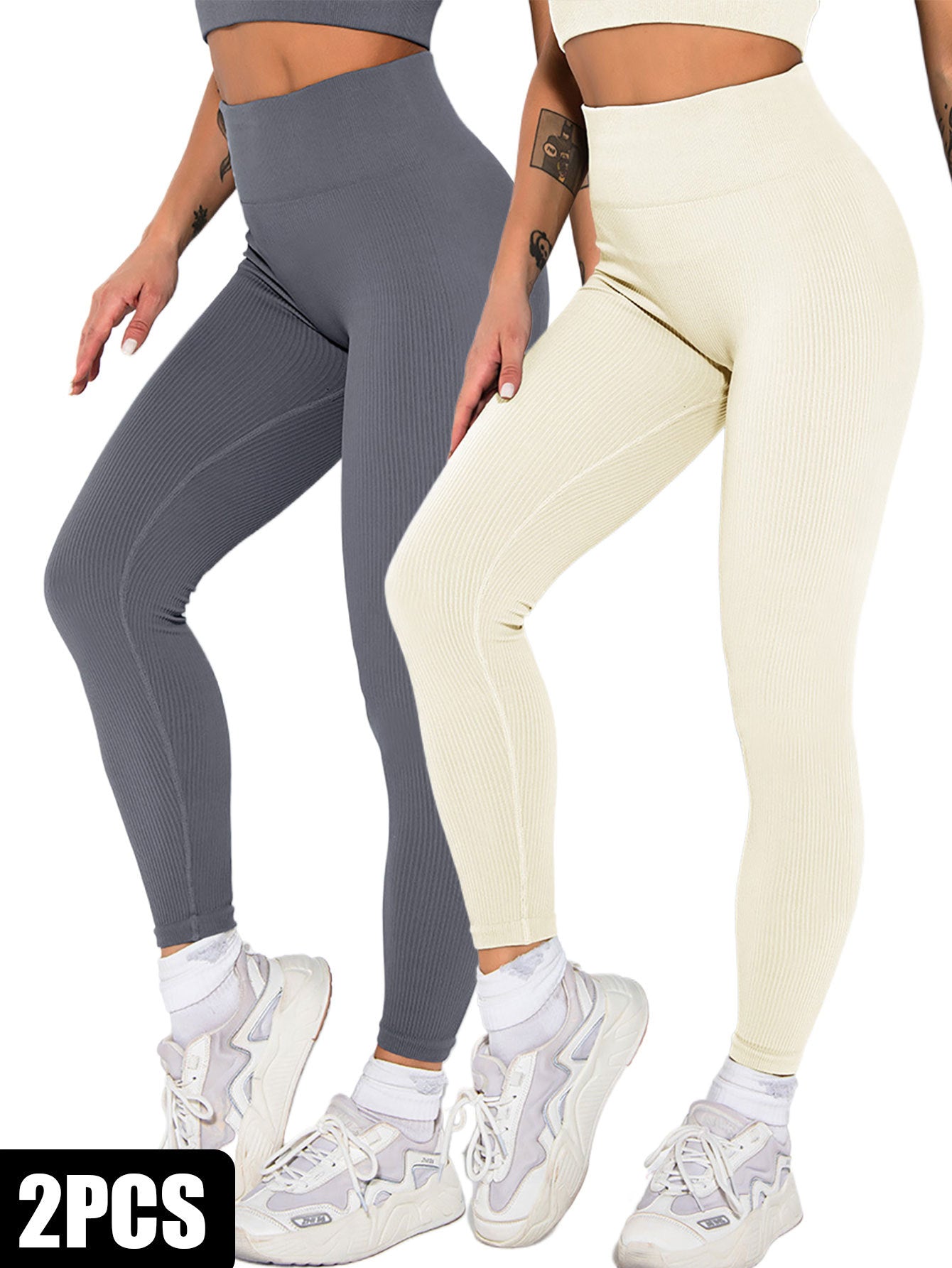 2 Pack Womens Seamless Ribbed Leggings Soft Slimming Yoga Pants High Waisted Gym Sport Women Fitness Female 2PACK6 / S