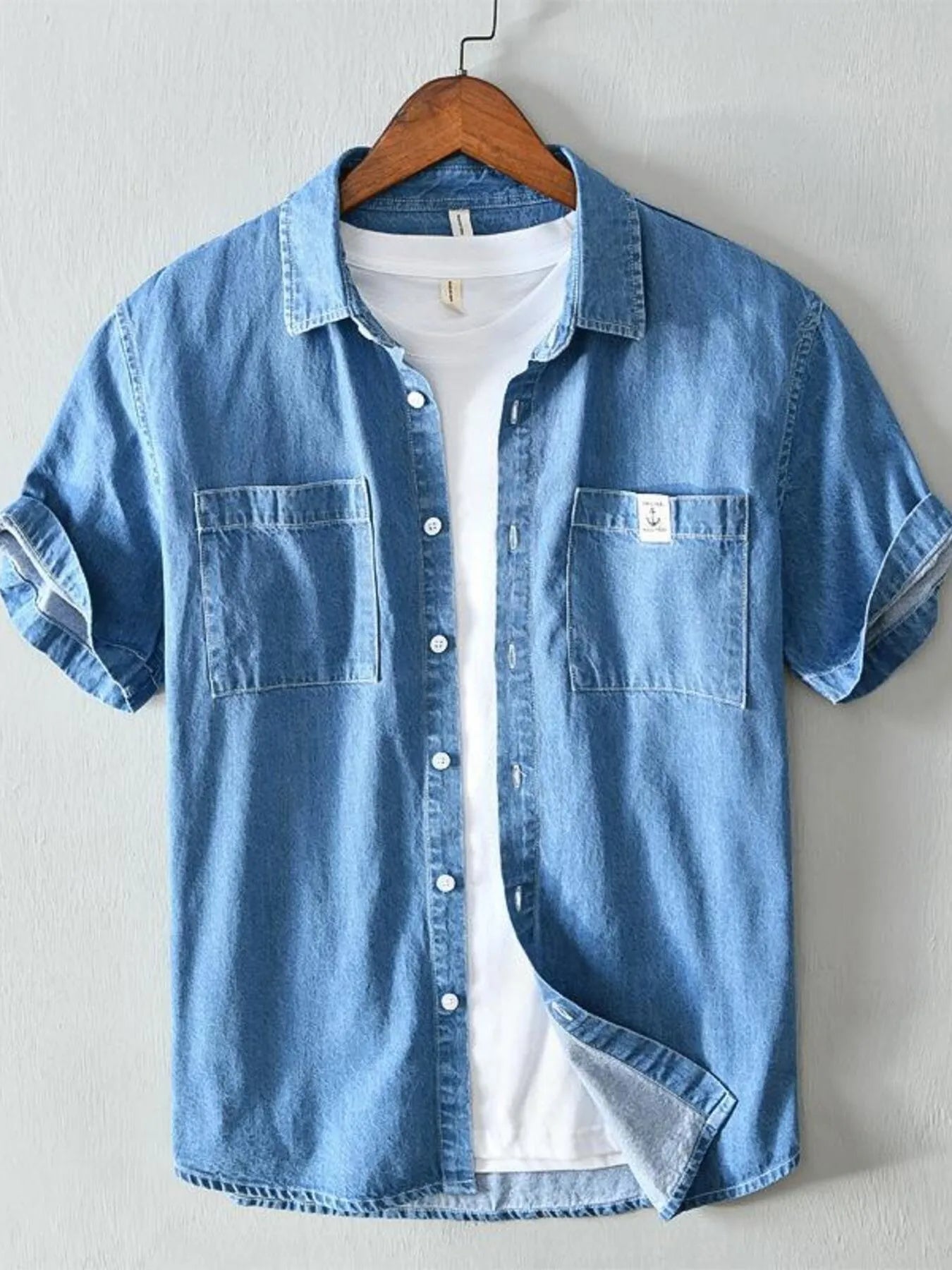 Men’s Plus Size Button Up Short Sleeve Denim Shirt Dark Blue / M