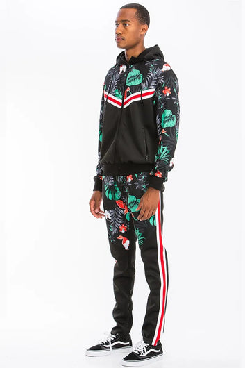 WEIV Men's Tropical Printed Jacket and Drawstring Pants Set