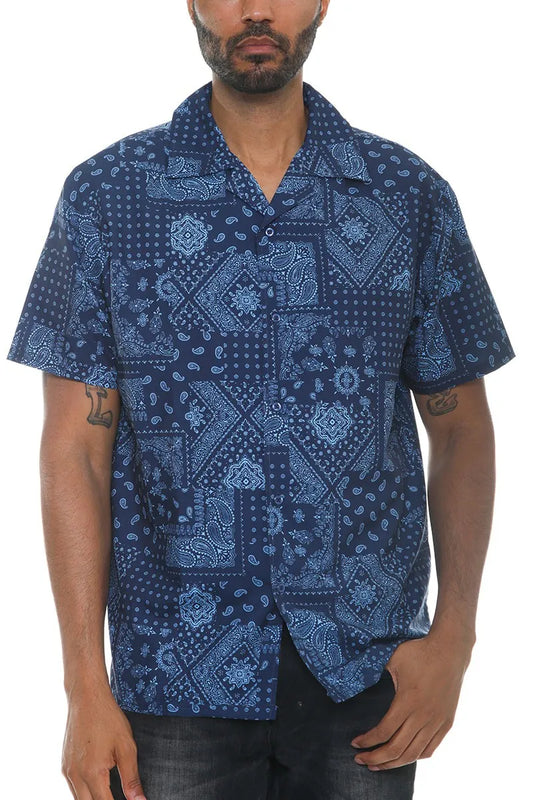 WEIV Men's Full Size Collared Print Button Down Shirt Plus Size