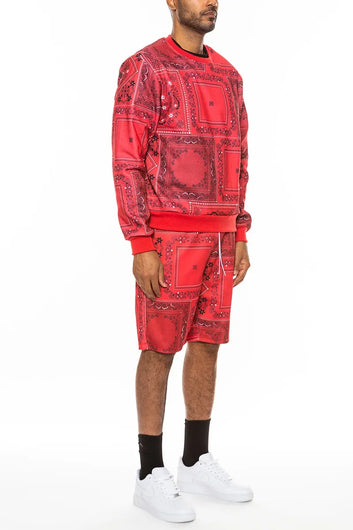 WEIV Men's Full Size Paisley Bandana Print Sweatshirt and Shorts Set Plus Size