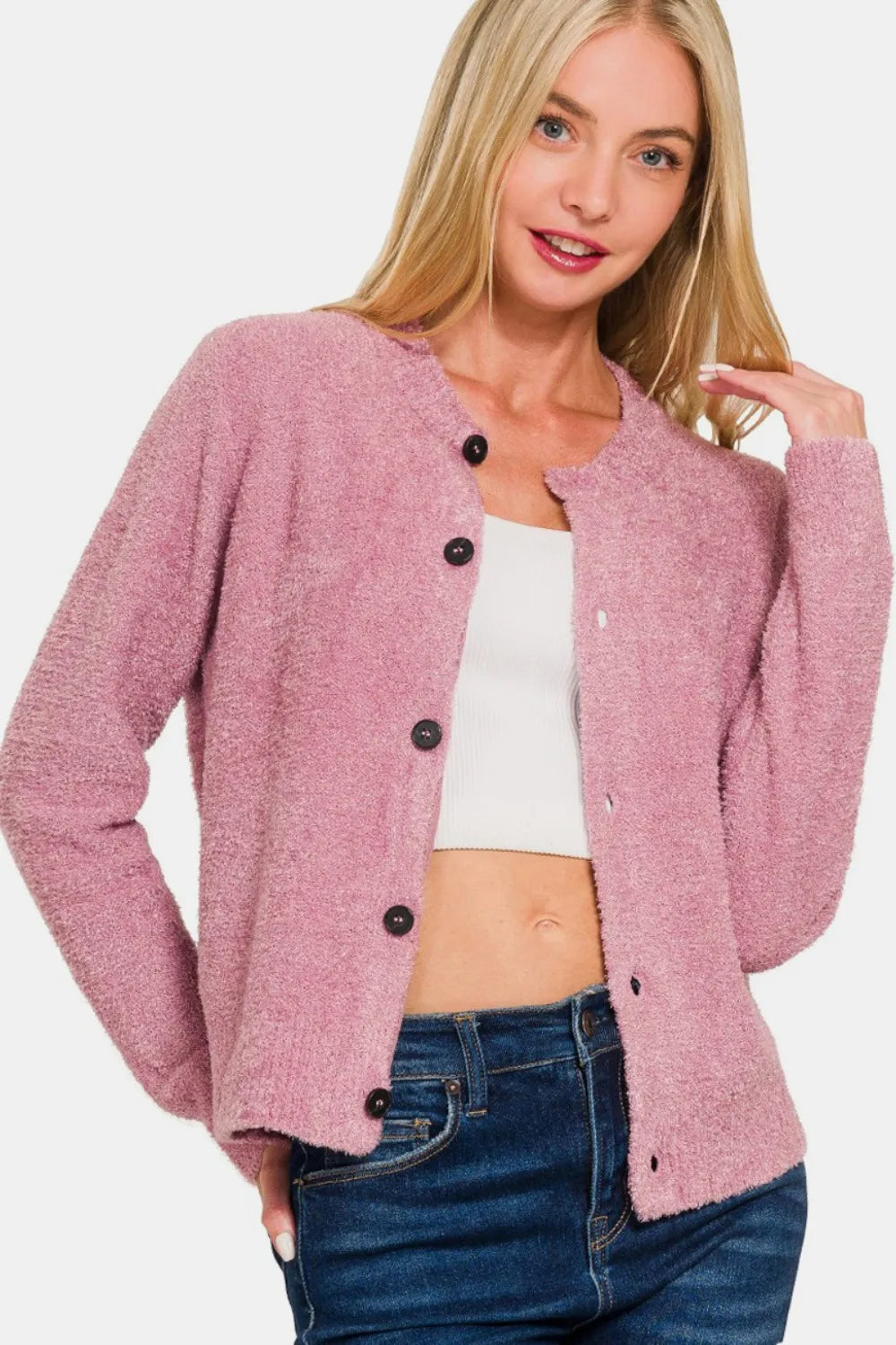 Zenana Button Down Long Sleeve Sweater Cardigan Lt Rose / S
