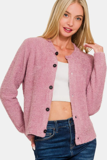 Zenana Button Down Long Sleeve Sweater Cardigan Lt Rose / S